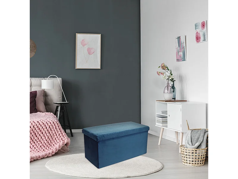 Coffre Banc Pliable Velours A Motif Bleu Bleu