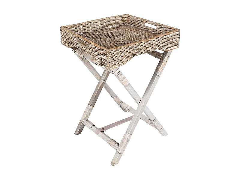 Plateau sur pied en rotin patiné blanc