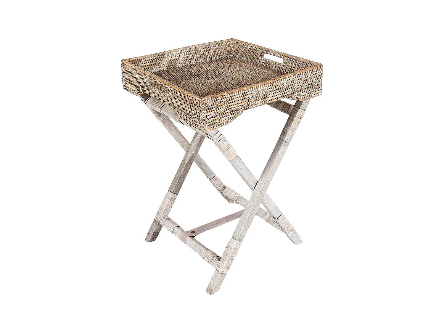 Plateau sur pied en rotin patiné blanc