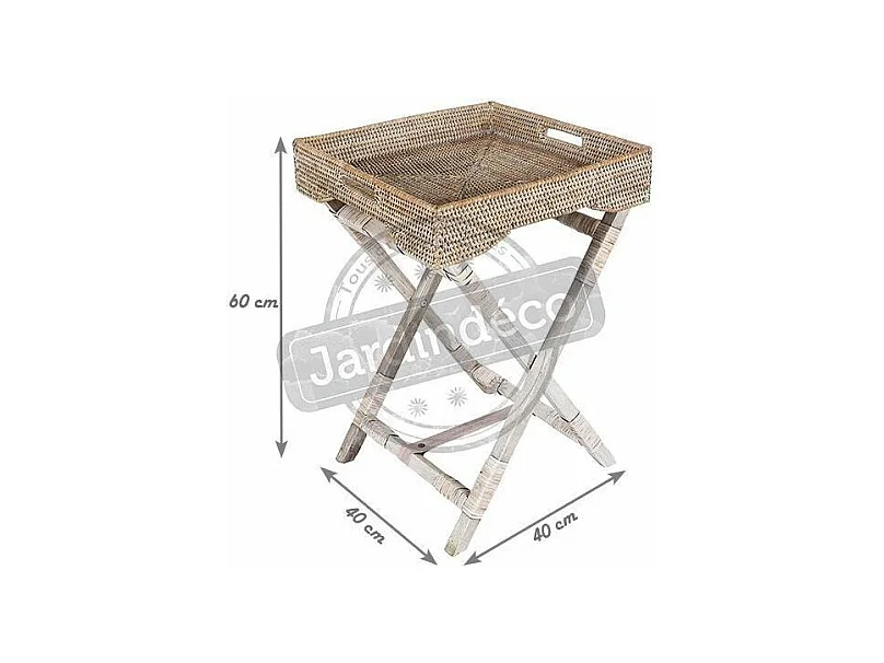 Plateau sur pied en rotin patiné blanc