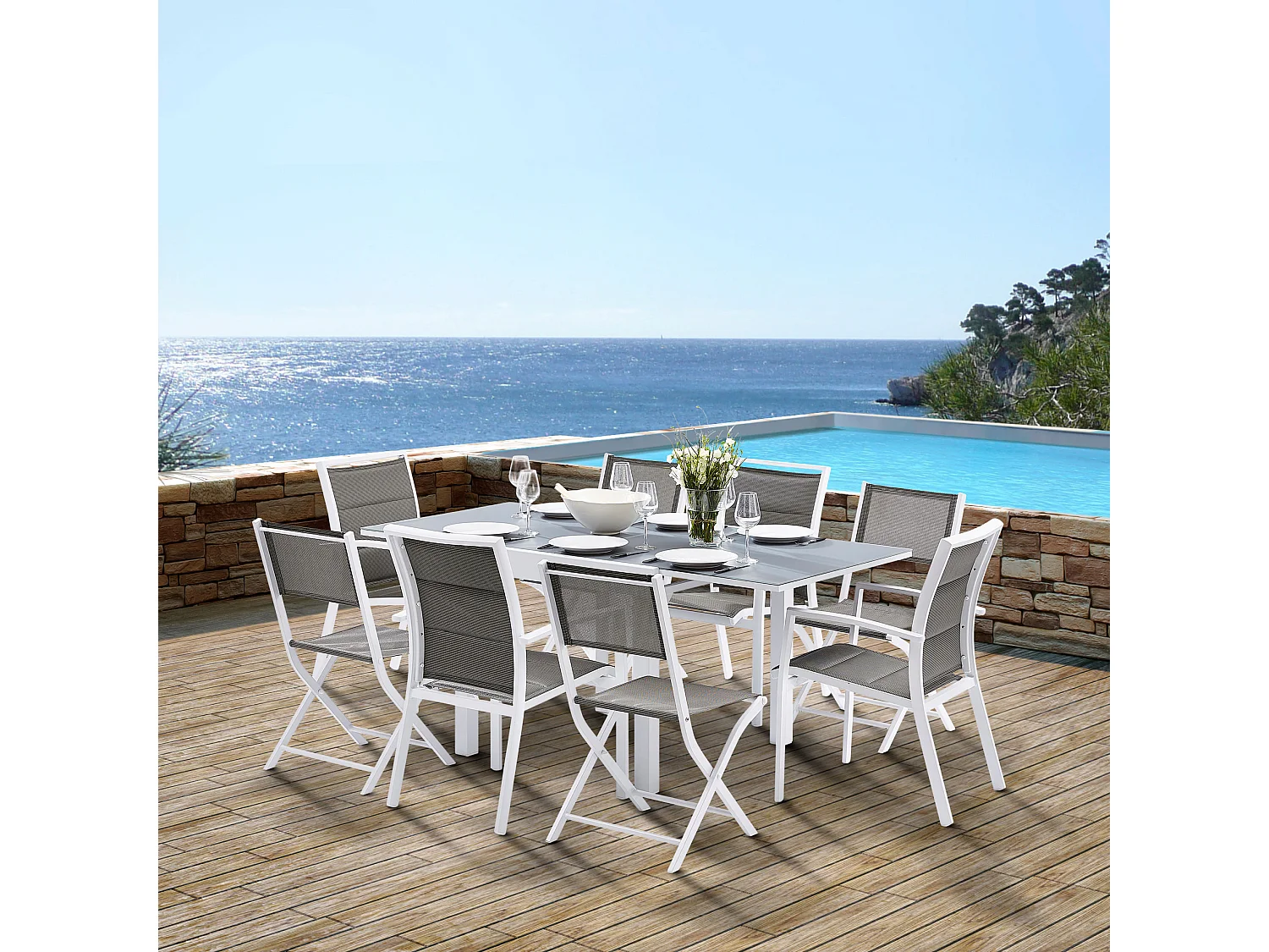 Ensemble MODULO 4/8p en aluminium blanc et verre trempé gris perle avec 4 fauteuils et 4 chaises pliantes