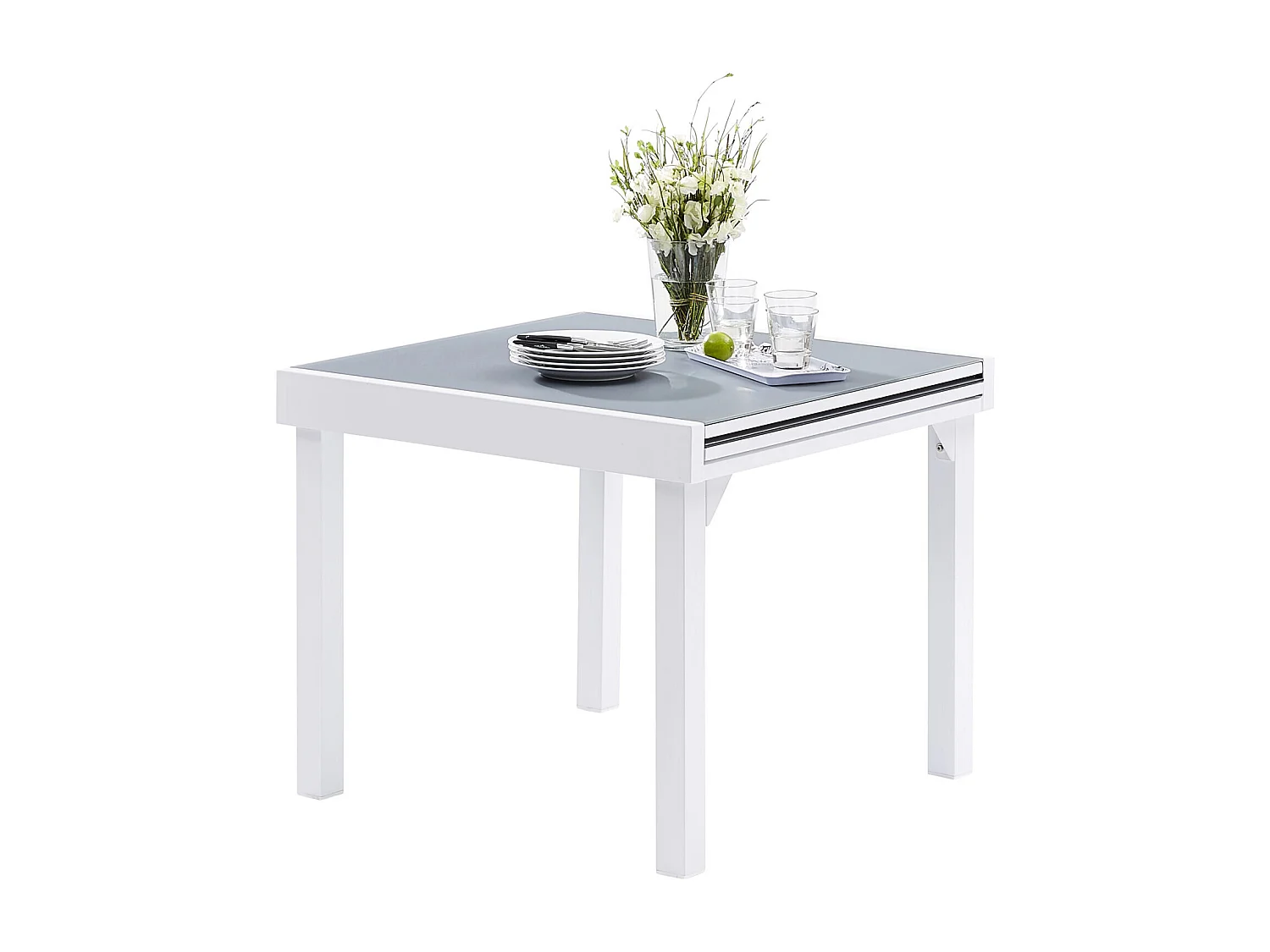 Ensemble MODULO 4/8p en aluminium blanc et verre trempé gris perle avec 4 fauteuils et 4 chaises pliantes