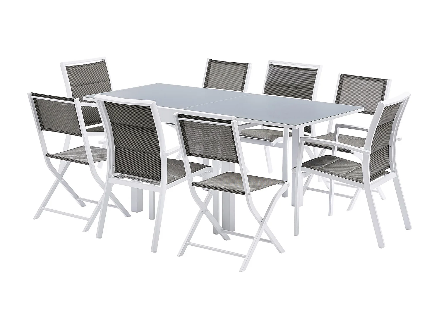 Ensemble MODULO 4/8p en aluminium blanc et verre trempé gris perle avec 4 fauteuils et 4 chaises pliantes
