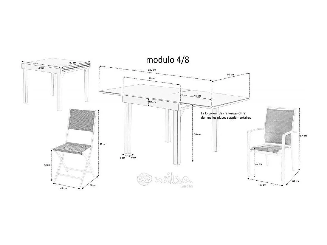 Ensemble MODULO 4/8p en aluminium blanc et verre trempé gris perle avec 4 fauteuils et 4 chaises pliantes