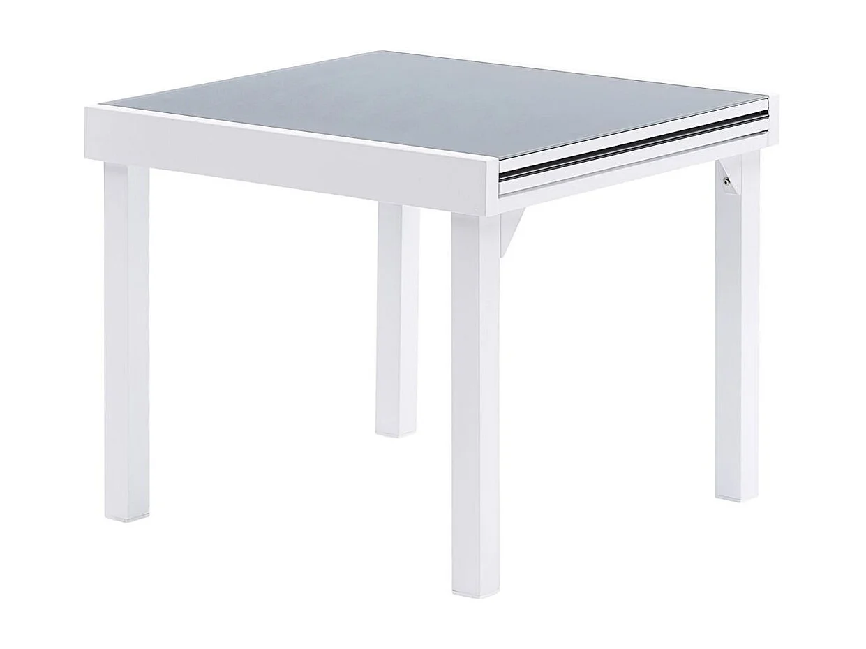 Ensemble MODULO 4/8p en aluminium blanc et verre trempé gris perle avec 4 fauteuils et 4 chaises pliantes