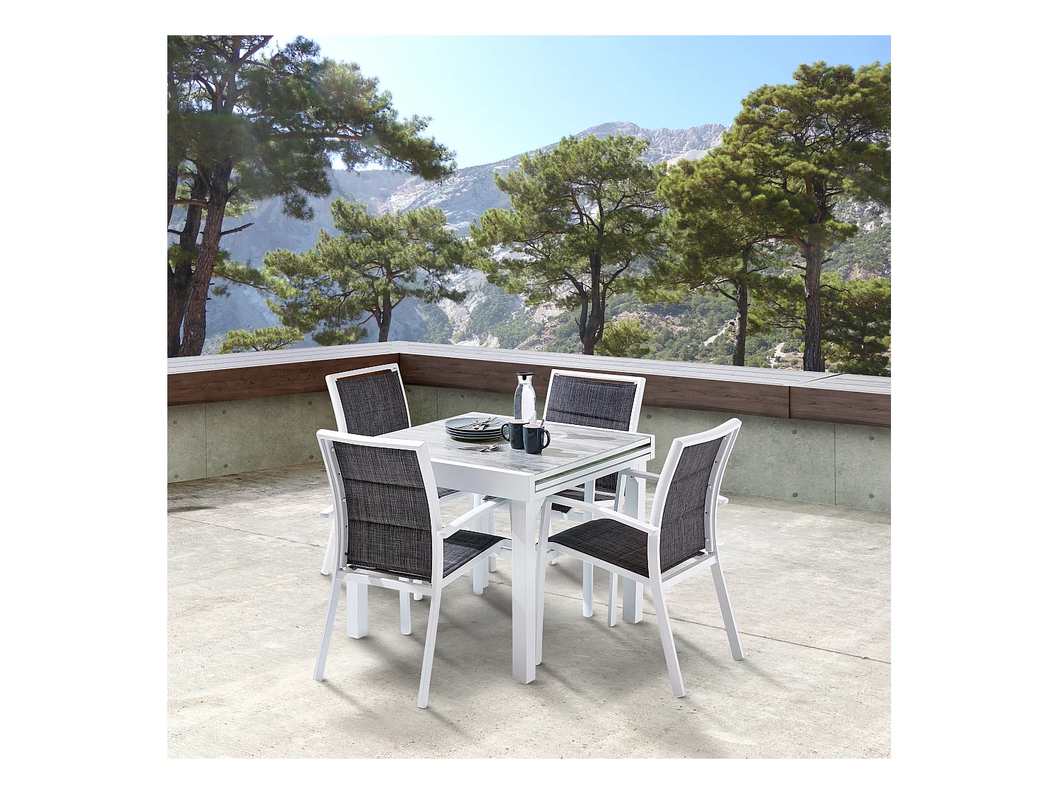 Ensemble MODULO 4/8p en aluminium blanc et verre décors bois avec 4 fauteuils en textilène