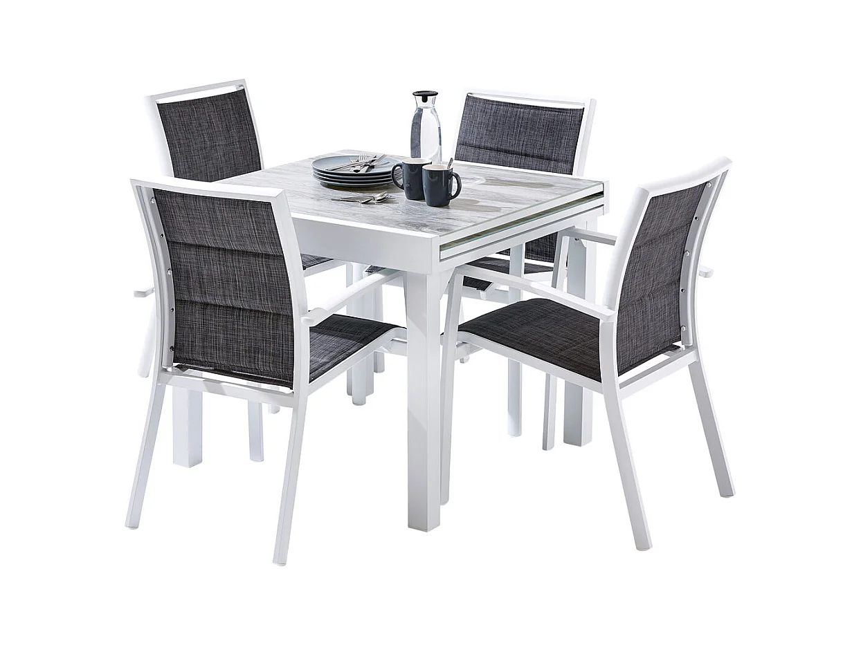 Ensemble MODULO 4/8p en aluminium blanc et verre décors bois avec 4 fauteuils en textilène