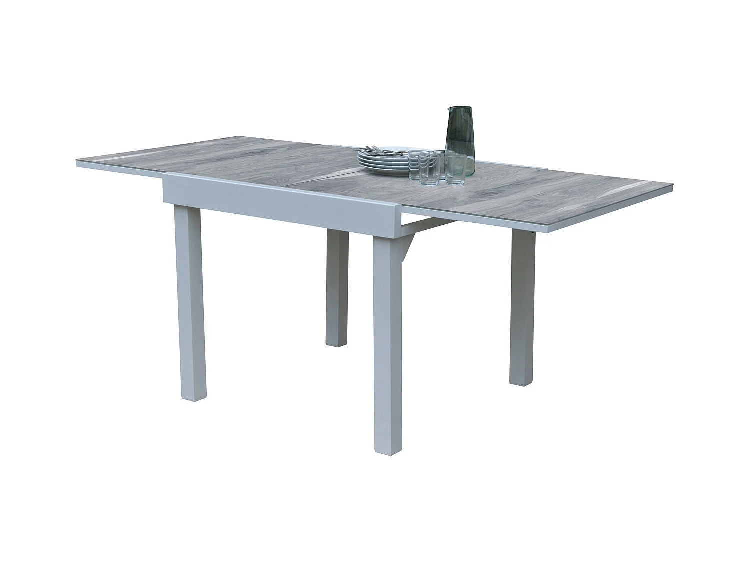 Ensemble MODULO 4/8p en aluminium blanc et verre décors bois avec 4 fauteuils en textilène