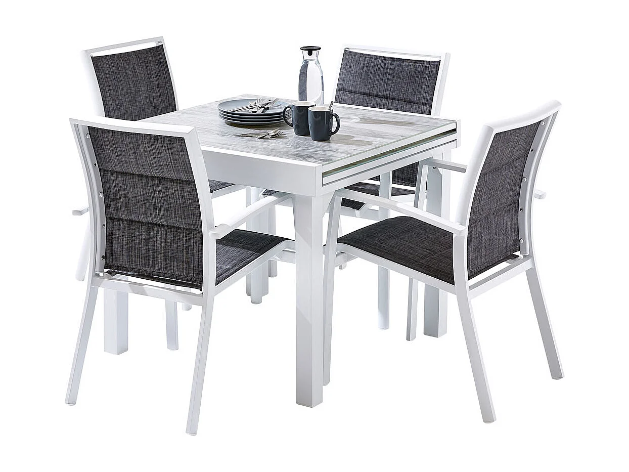 Ensemble MODULO 4/8p en aluminium blanc et verre décors bois avec 4 fauteuils en textilène