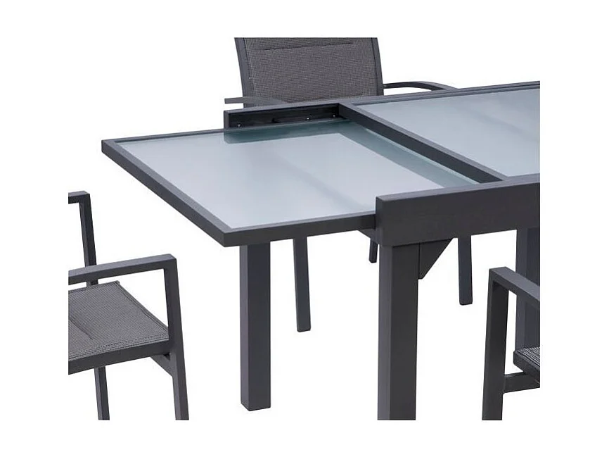 Ensemble MODULO 4/8p en aluminium blanc et verre décors bois avec 4 fauteuils en textilène