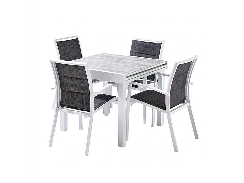 Ensemble MODULO 4/8p en aluminium blanc et verre décors bois avec 4 fauteuils en textilène