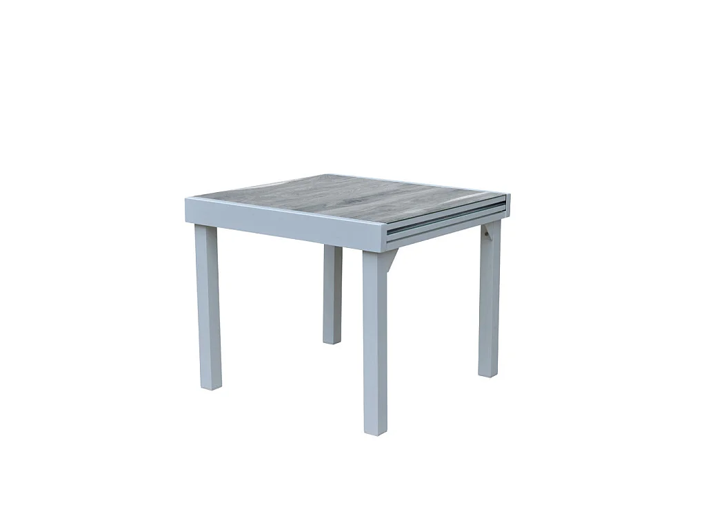 Ensemble MODULO 4/8p en aluminium blanc et verre décors bois avec 4 fauteuils en textilène