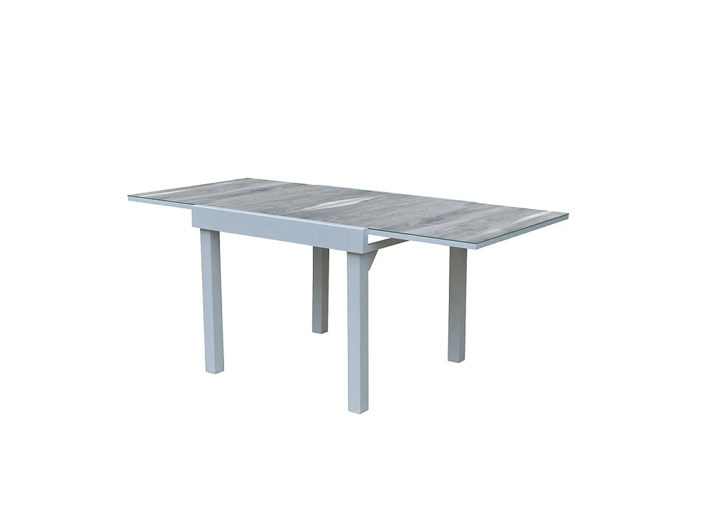 Ensemble MODULO 4/8p en aluminium blanc et verre décors bois avec 4 fauteuils en textilène