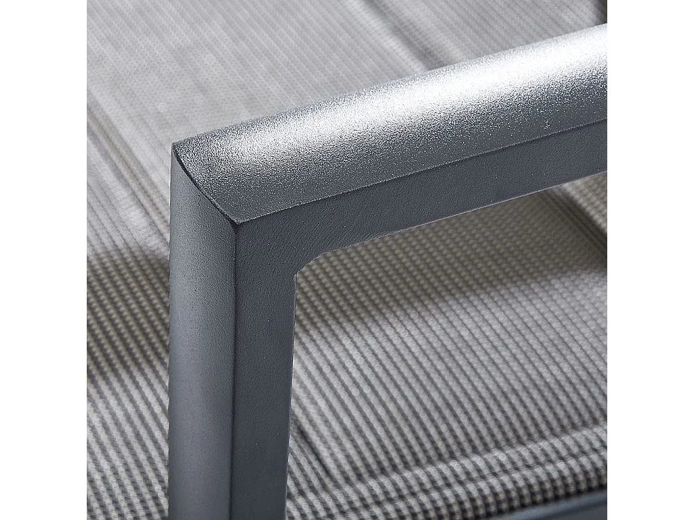 Ensemble MODULO 4/8p en aluminium blanc et verre décors bois avec 4 fauteuils en textilène