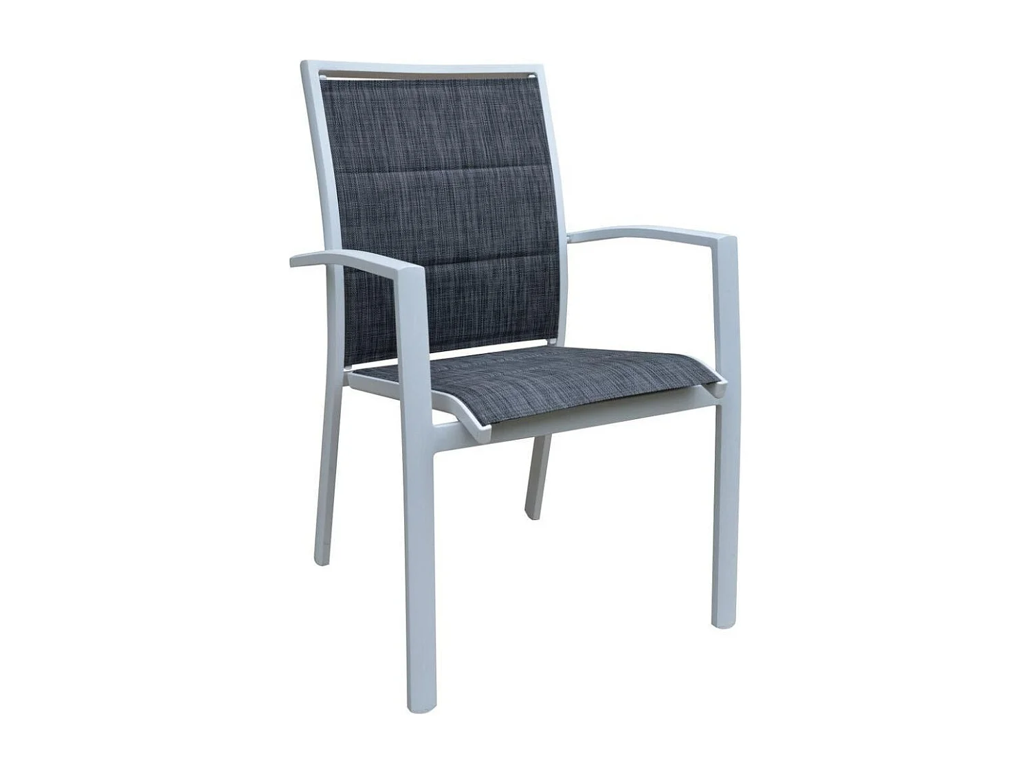 Ensemble MODULO 4/8p en aluminium blanc et verre décors bois avec 4 fauteuils en textilène