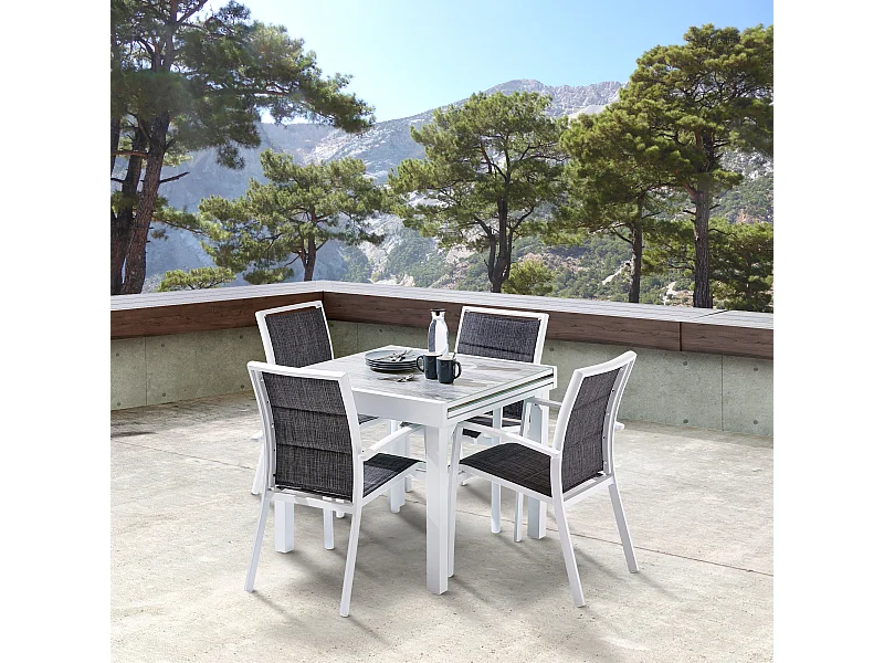 Ensemble MODULO 4/8p en aluminium blanc et verre décors bois avec 4 fauteuils en textilène