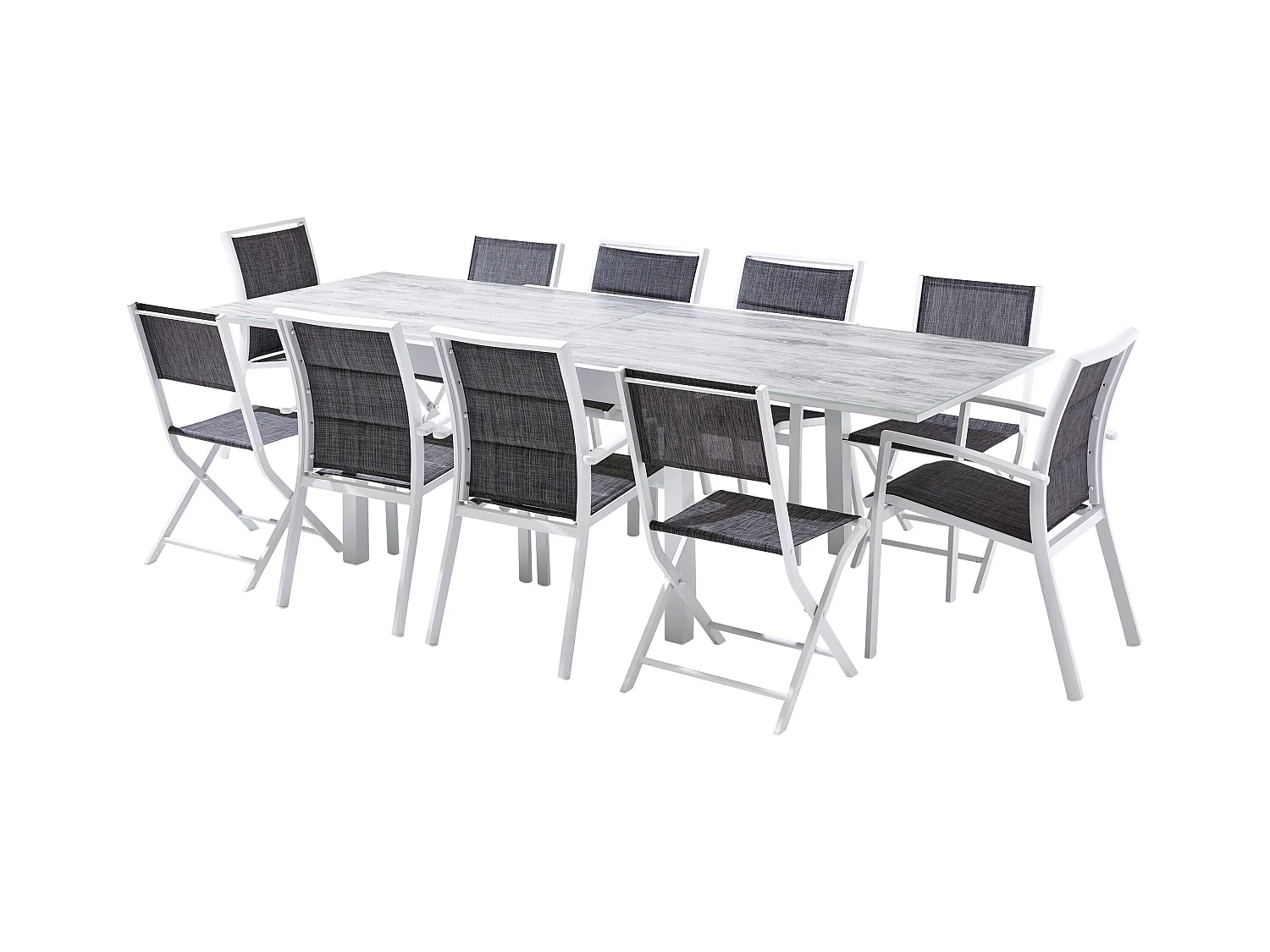 Ensemble MODULO 6/10p en aluminium blanc et verre décors bois avec 6 fauteuils en textilène