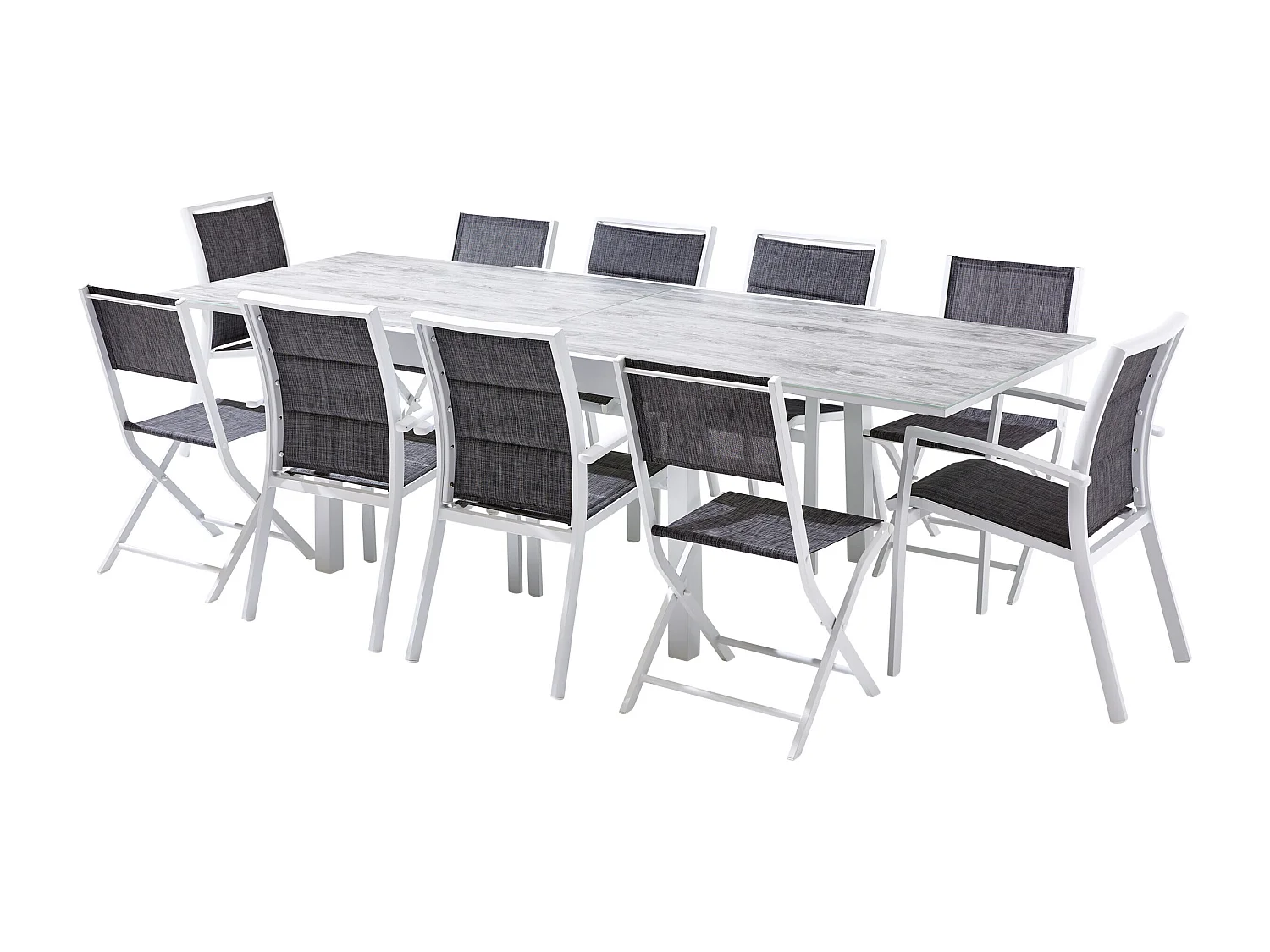 Ensemble MODULO 6/10p en aluminium blanc et verre décors bois avec 6 fauteuils en textilène