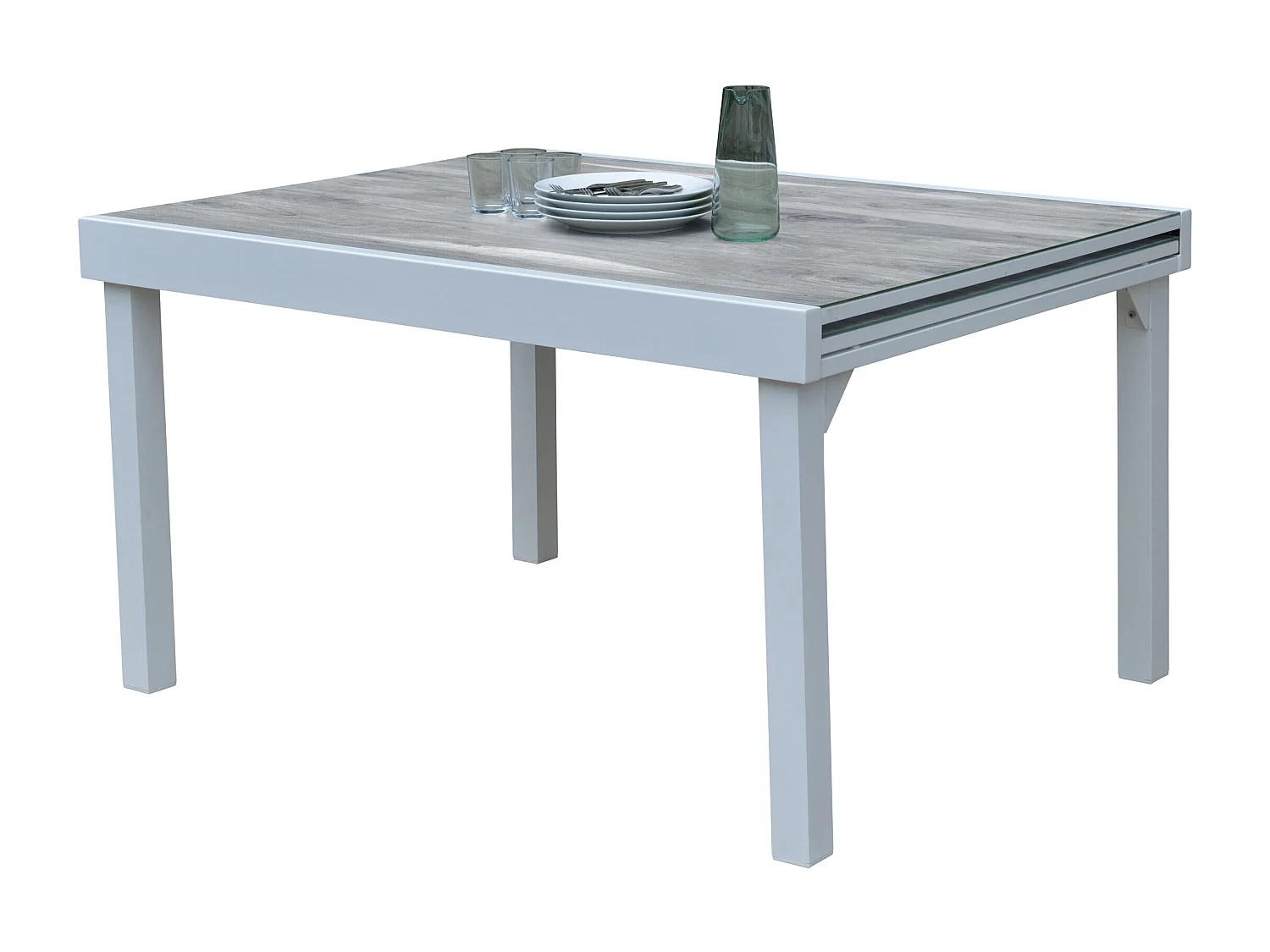 Ensemble MODULO 6/10p en aluminium blanc et verre décors bois avec 6 fauteuils en textilène