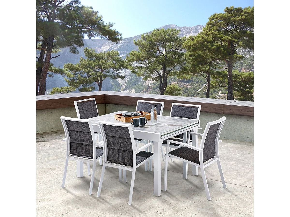 Ensemble MODULO 6/10p en aluminium blanc et verre décors bois avec 6 fauteuils en textilène