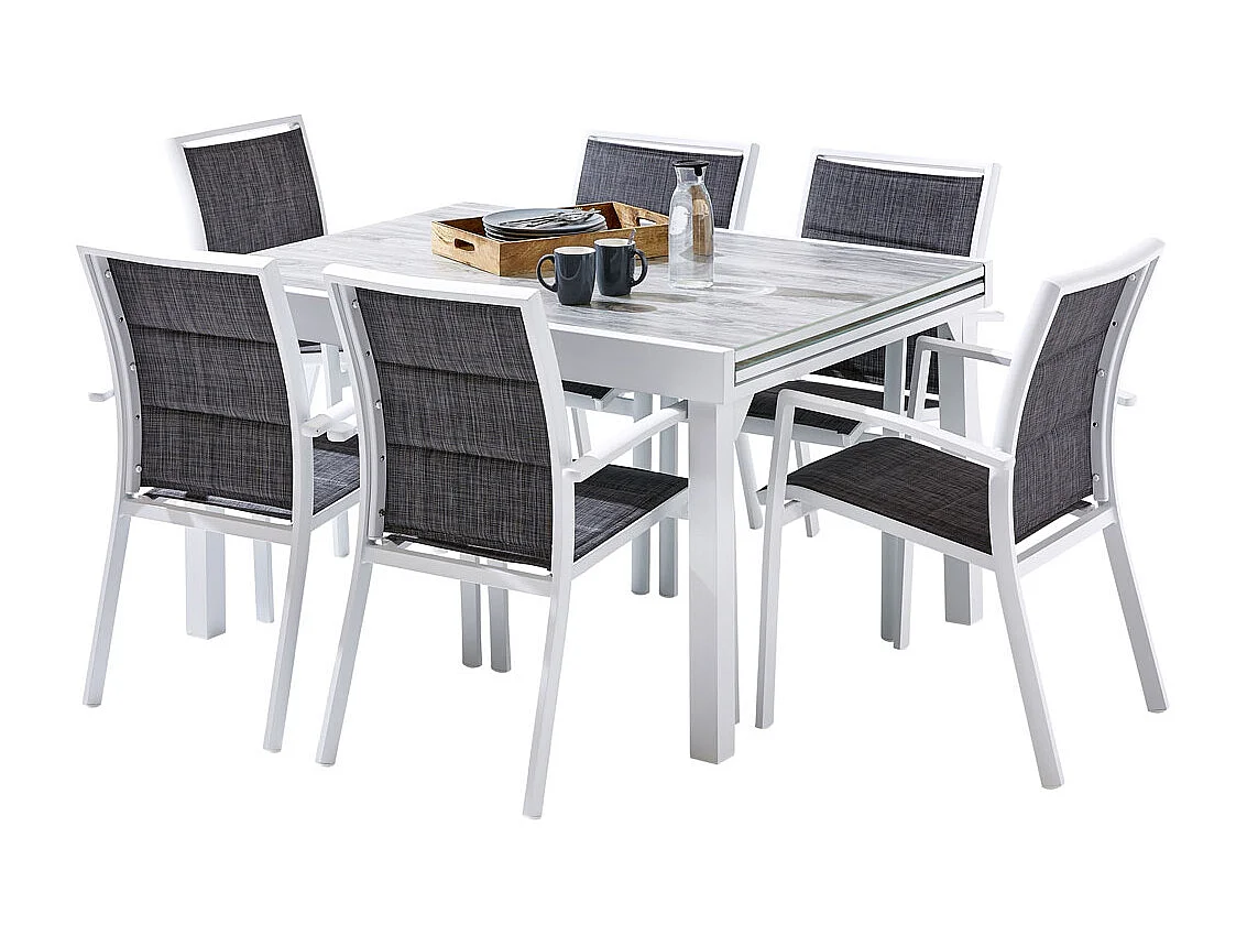 Ensemble MODULO 6/10p en aluminium blanc et verre décors bois avec 6 fauteuils en textilène