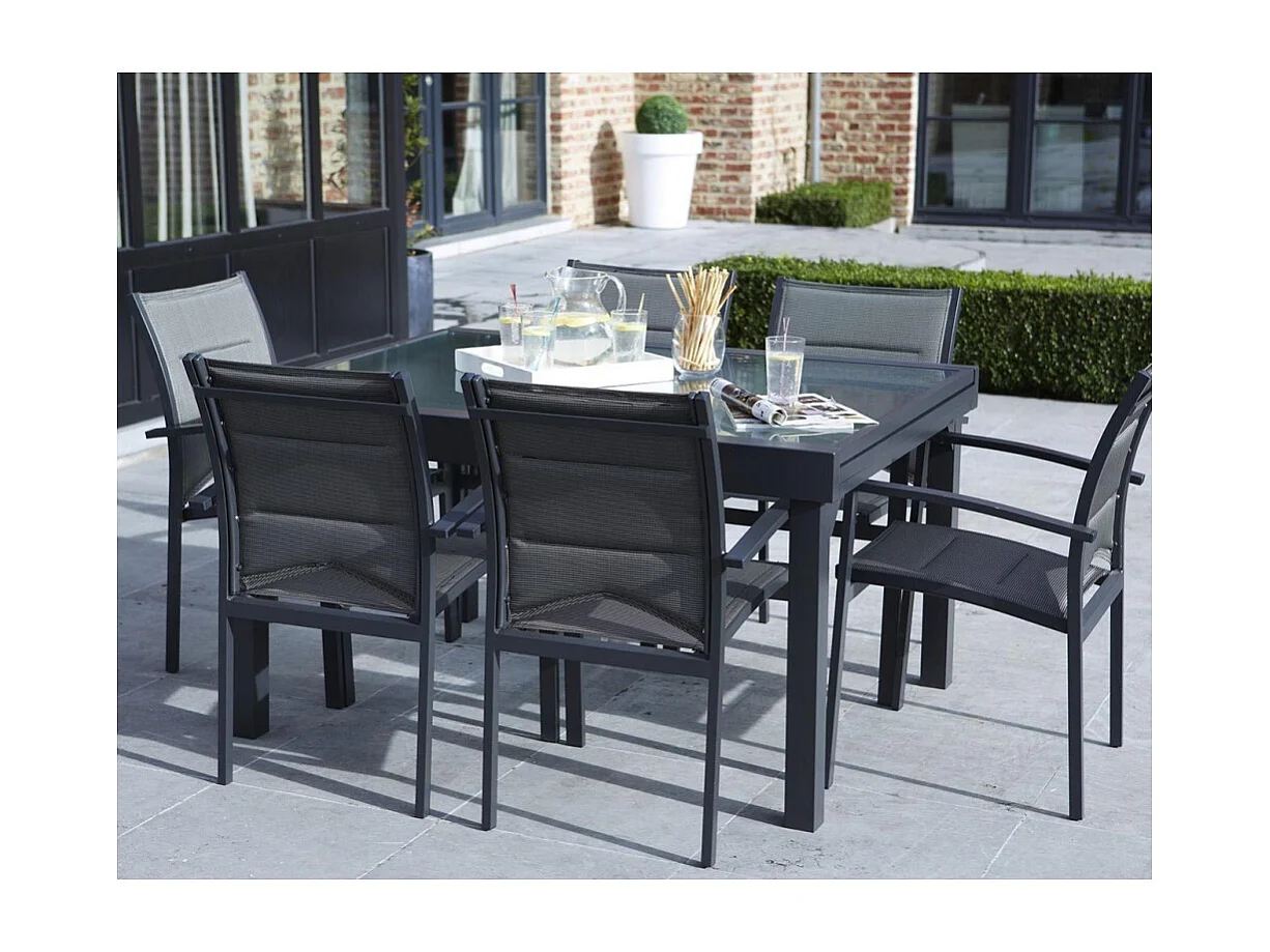 Ensemble MODULO 6/10p en aluminium blanc et verre décors bois avec 6 fauteuils en textilène