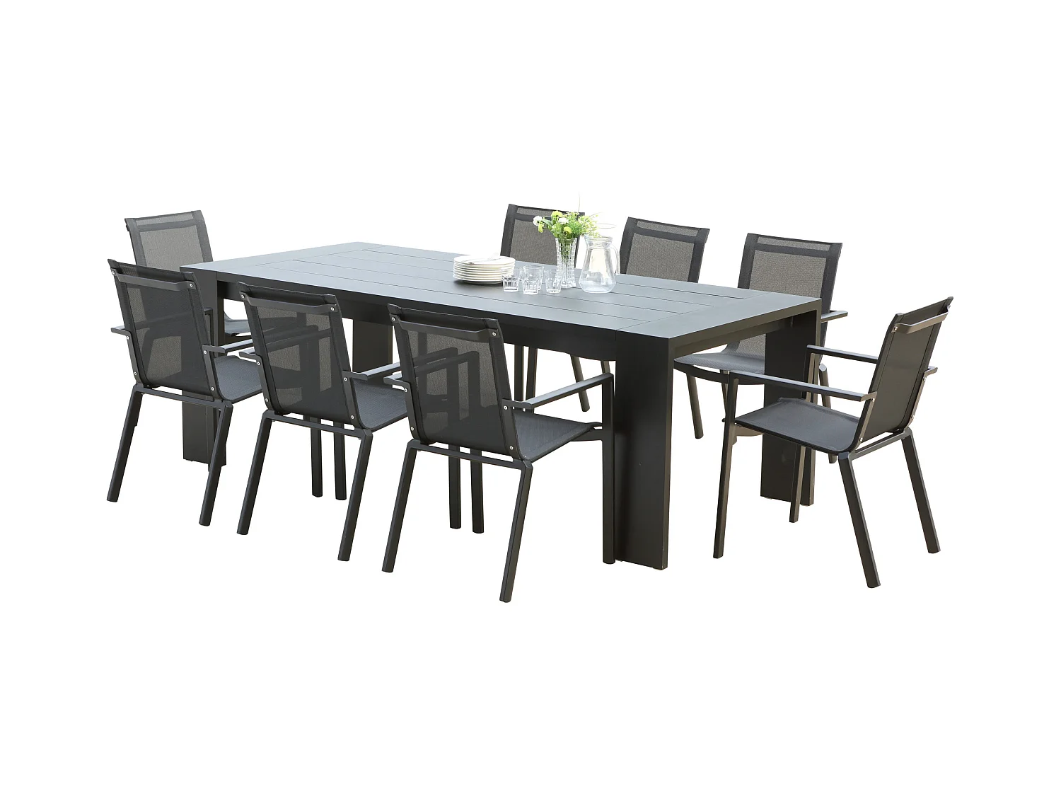 Ensemble IBIZA 6/8p en aluminium gris/noir et 8 fauteuils en textilène