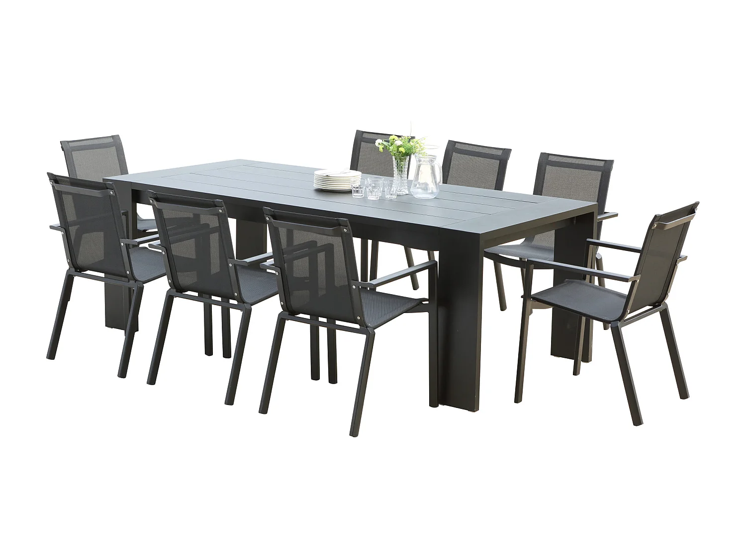 Ensemble IBIZA 6/8p en aluminium gris/noir et 8 fauteuils en textilène