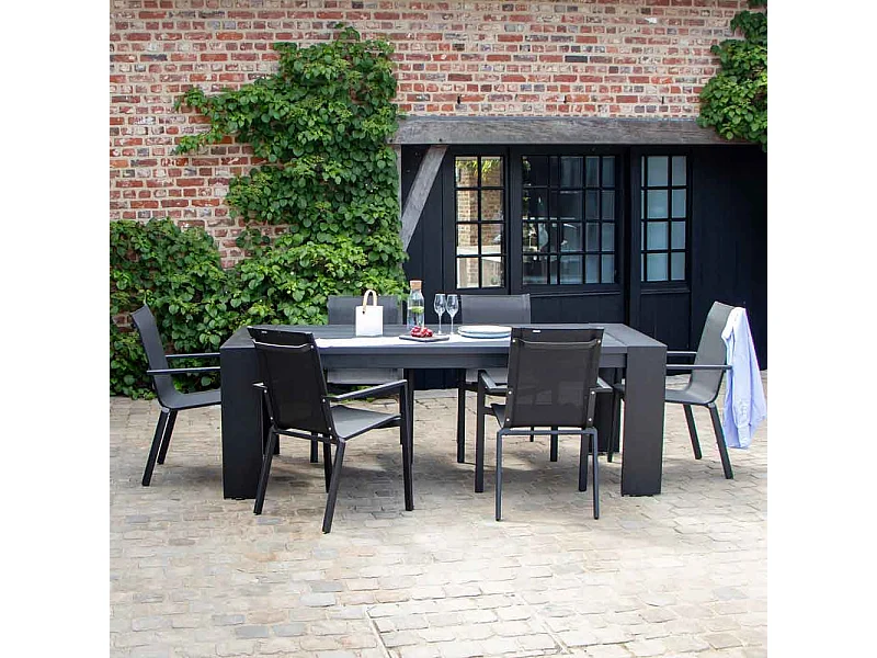 Ensemble IBIZA 6/8p en aluminium gris/noir et 8 fauteuils en textilène