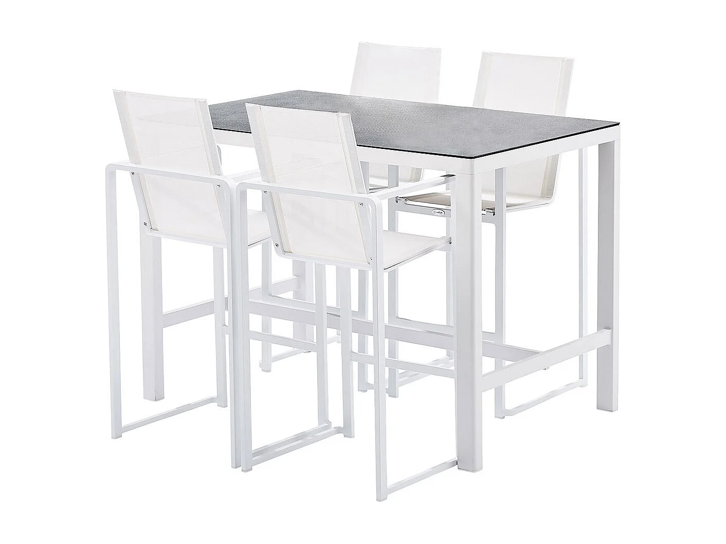 Ensemble BARSET en aluminium blanc avec plateau réversible coté pierre et coté verre et 4 chaises hautes en textilène