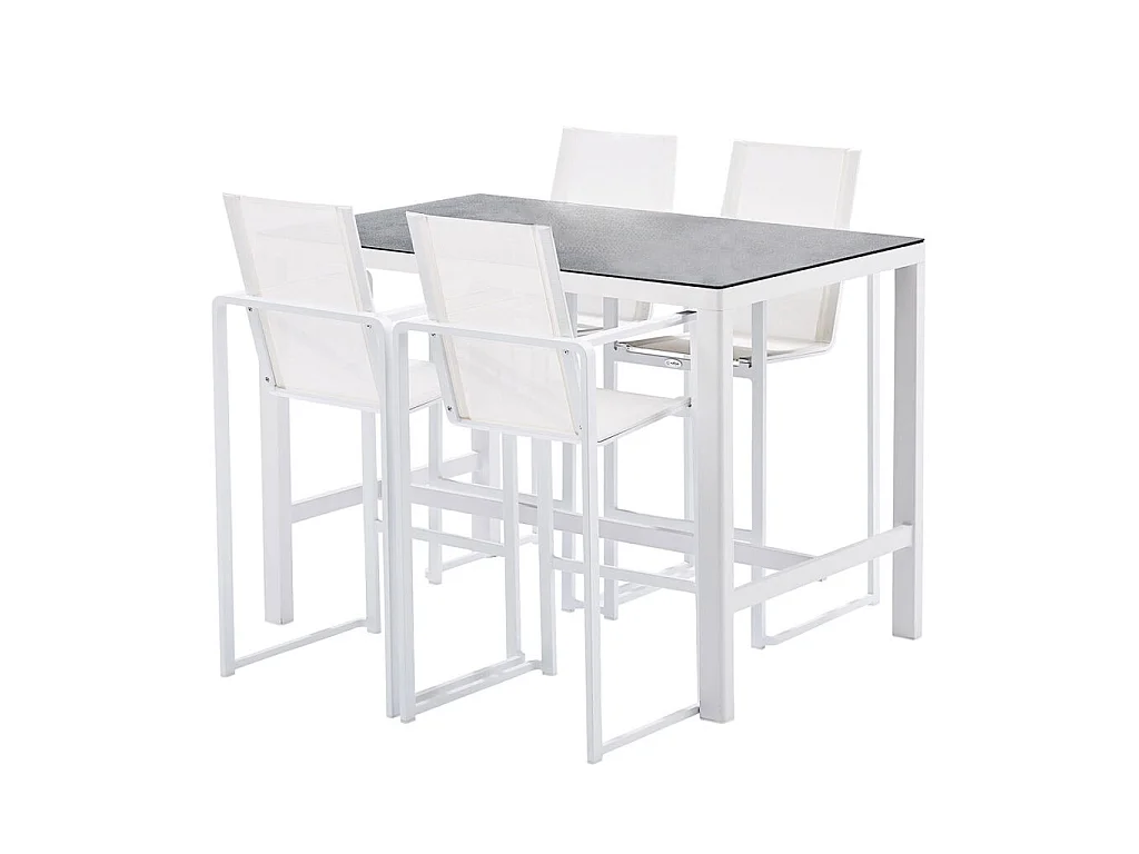Ensemble BARSET en aluminium blanc avec plateau réversible coté pierre et coté verre et 4 chaises hautes en textilène