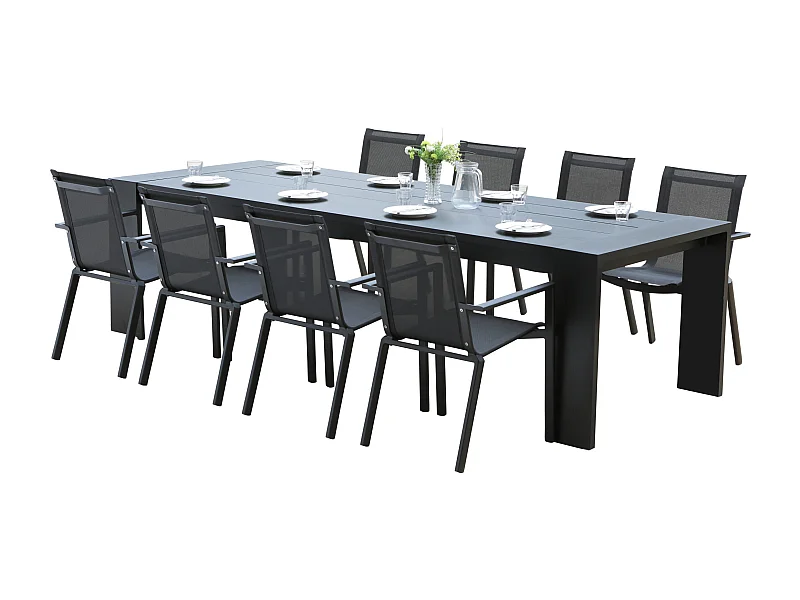 Ensemble IBIZA 8/10p en aluminium gris/noir et 8 fauteuils en textilène