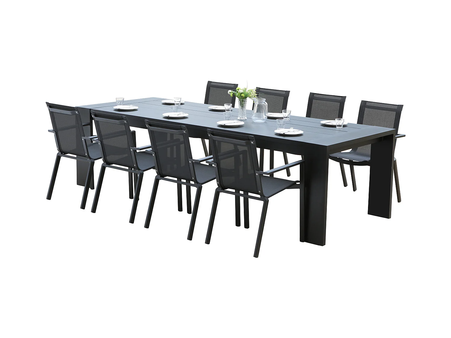 Ensemble IBIZA 8/10p en aluminium gris/noir et 8 fauteuils en textilène