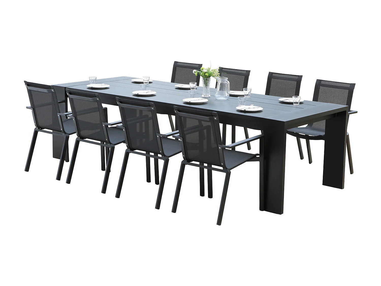 Ensemble IBIZA 8/10p en aluminium gris/noir et 8 fauteuils en textilène