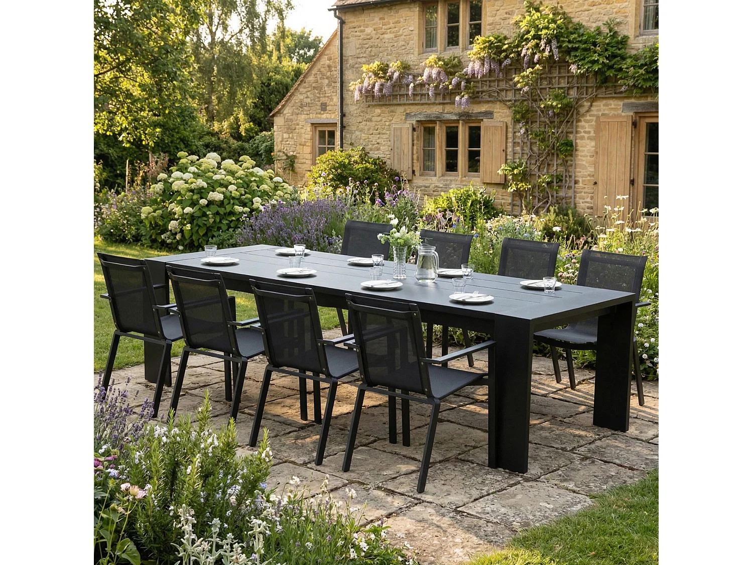 Ensemble IBIZA 8/10p en aluminium gris/noir et 8 fauteuils en textilène