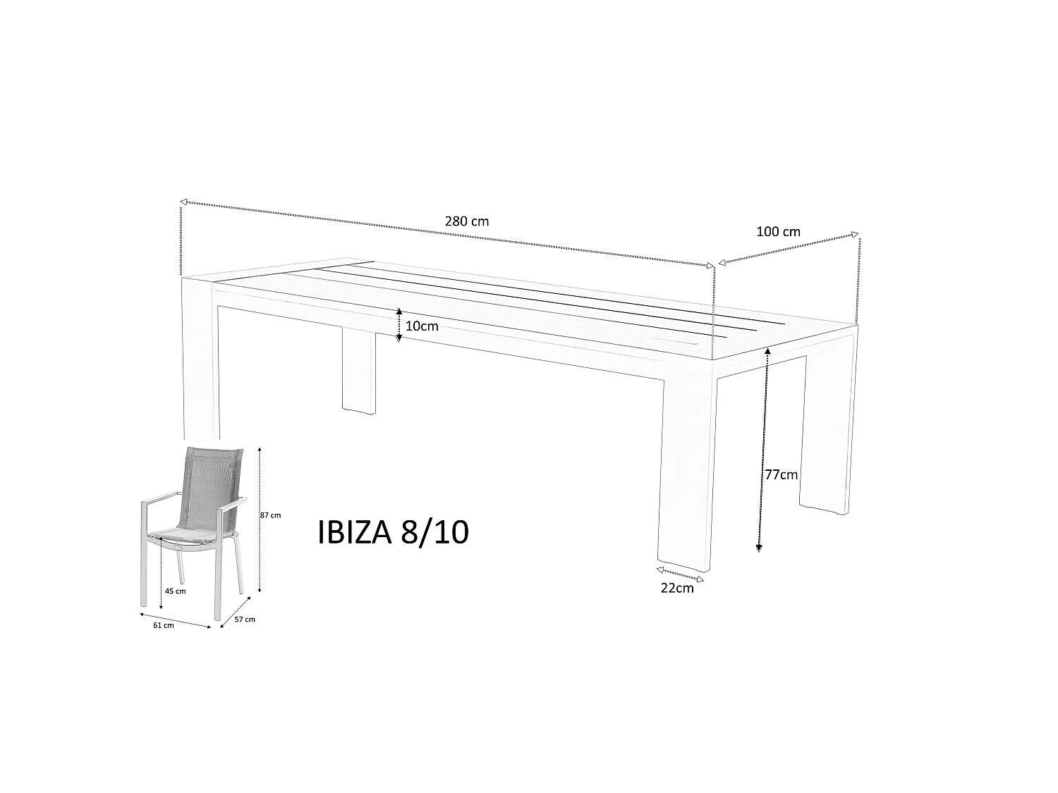 Ensemble IBIZA 8/10p en aluminium gris/noir et 8 fauteuils en textilène