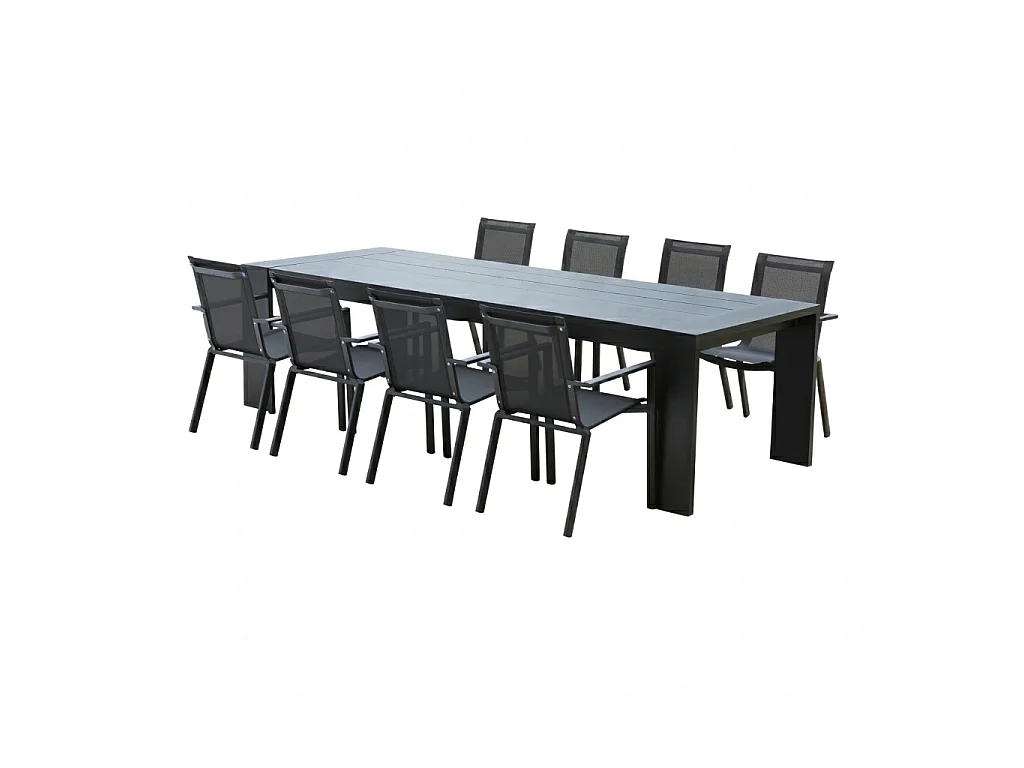 Ensemble IBIZA 8/10p en aluminium gris/noir et 8 fauteuils en textilène
