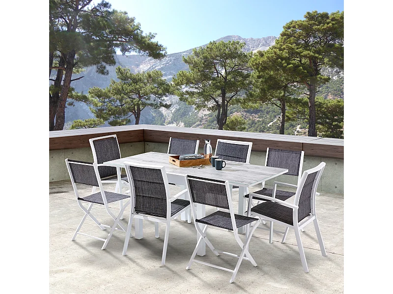 Ensemble MODULO 4/8p en aluminium blanc et verre décors bois avec 4 fauteuils en textilène et 4 chaises pliantes