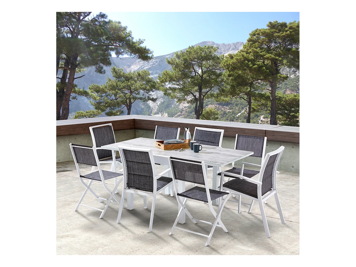 Ensemble MODULO 4/8p en aluminium blanc et verre décors bois avec 4 fauteuils en textilène et 4 chaises pliantes