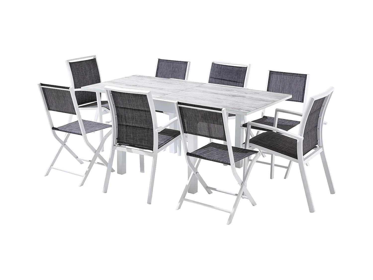 Ensemble MODULO 4/8p en aluminium blanc et verre décors bois avec 4 fauteuils en textilène et 4 chaises pliantes