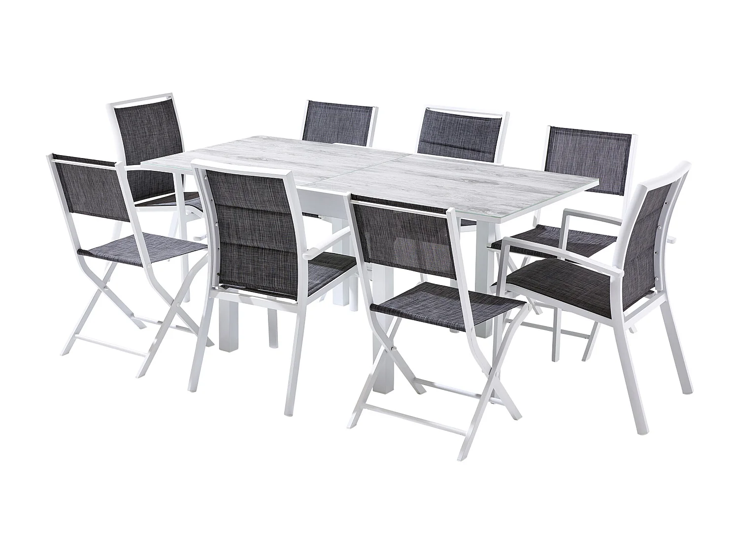 Ensemble MODULO 4/8p en aluminium blanc et verre décors bois avec 4 fauteuils en textilène et 4 chaises pliantes