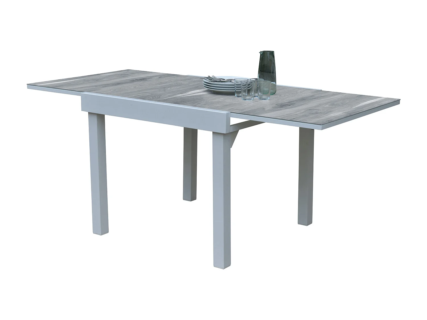 Ensemble MODULO 4/8p en aluminium blanc et verre décors bois avec 4 fauteuils en textilène et 4 chaises pliantes