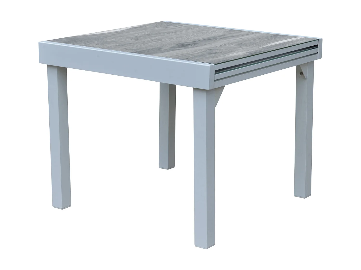 Ensemble MODULO 4/8p en aluminium blanc et verre décors bois avec 4 fauteuils en textilène et 4 chaises pliantes