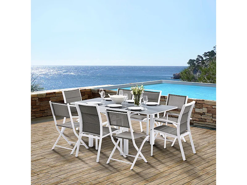 Ensemble MODULO 4/8p en aluminium blanc et verre trempé gris perle avec 4 fauteuils en textilène