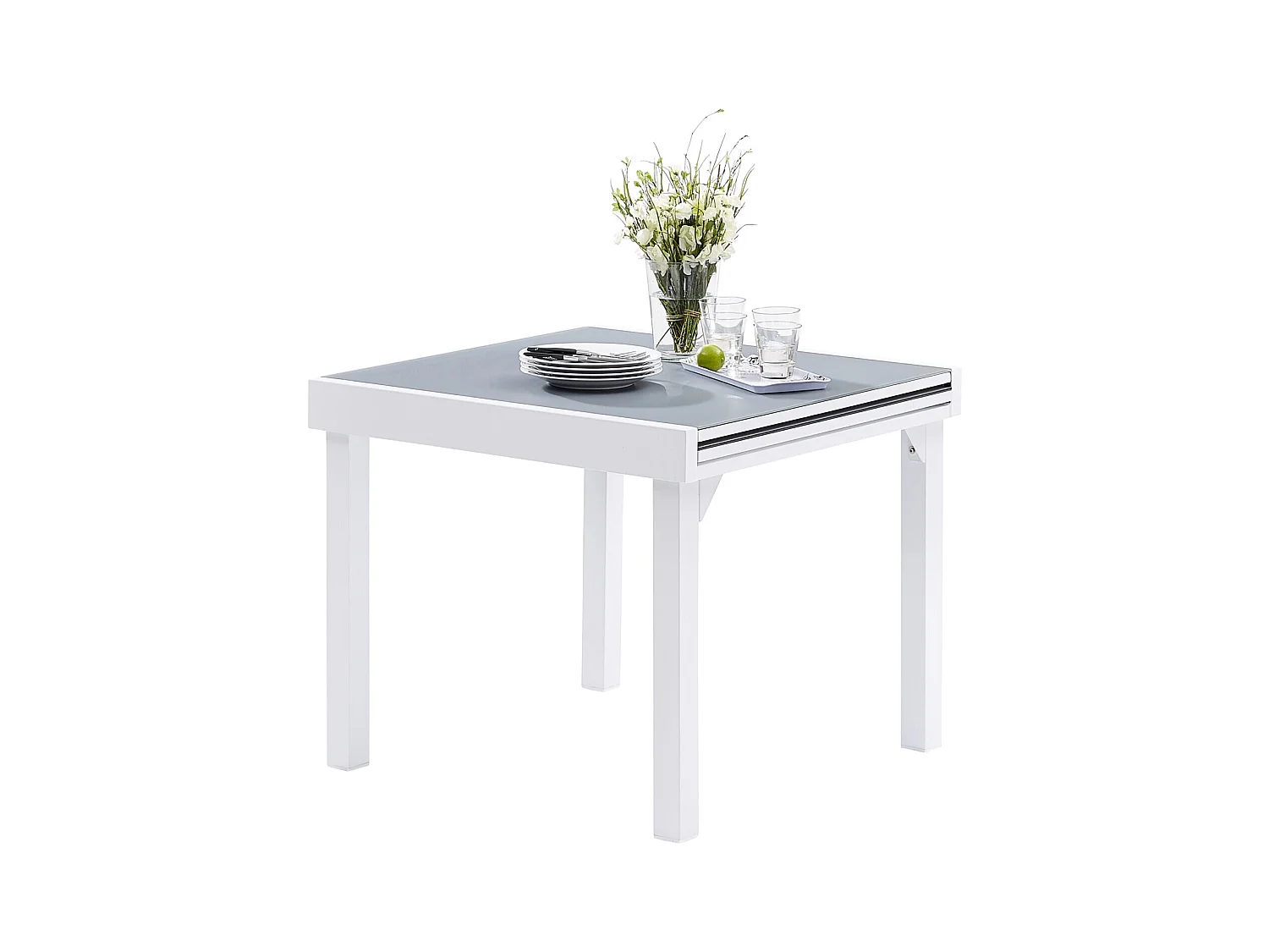 Ensemble MODULO 4/8p en aluminium blanc et verre trempé gris perle avec 4 fauteuils en textilène