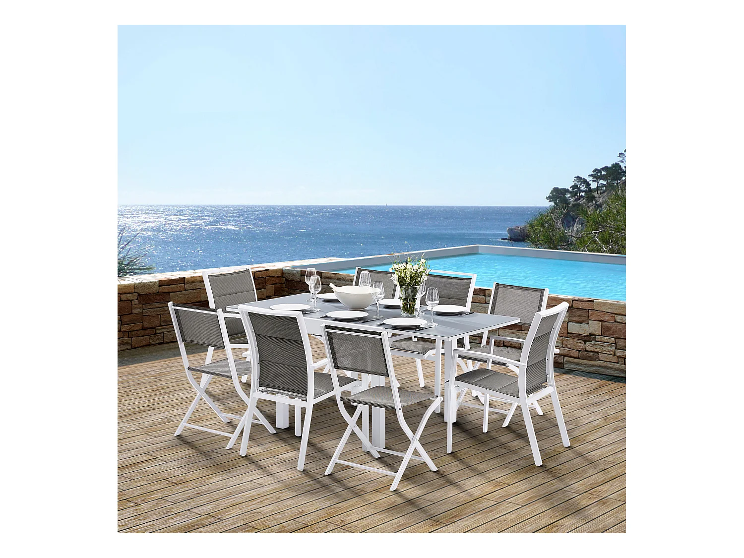 Ensemble MODULO 4/8p en aluminium blanc et verre trempé gris perle avec 4 fauteuils en textilène