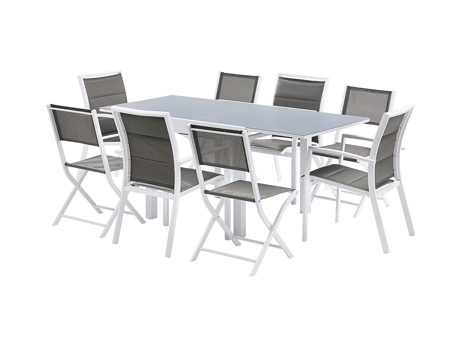 Ensemble MODULO 4/8p en aluminium blanc et verre trempé gris perle avec 4 fauteuils en textilène