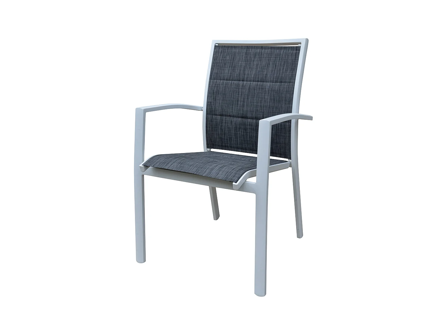 Ensemble MODULO 4/8p en aluminium blanc et verre trempé gris perle avec 4 fauteuils en textilène