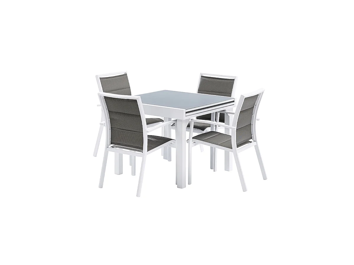 Ensemble MODULO 4/8p en aluminium blanc et verre trempé gris perle avec 4 fauteuils en textilène