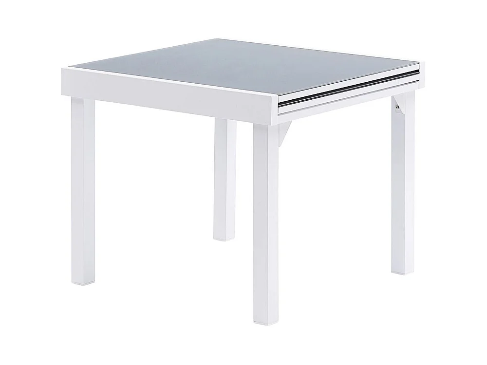 Ensemble MODULO 4/8p en aluminium blanc et verre trempé gris perle avec 4 fauteuils en textilène